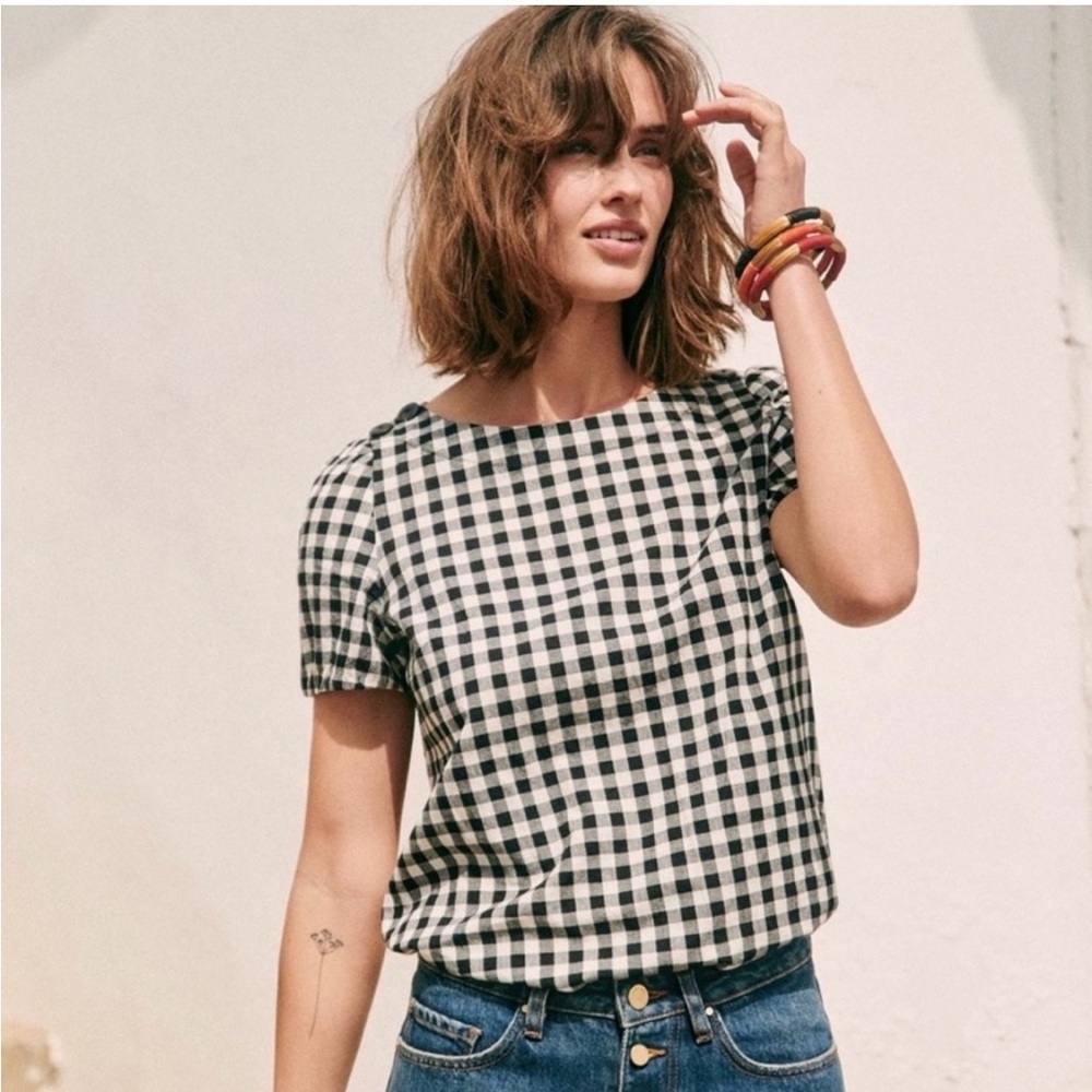 Sezane Octavie Black and White Gingham Short Sleeve Top. NWOT